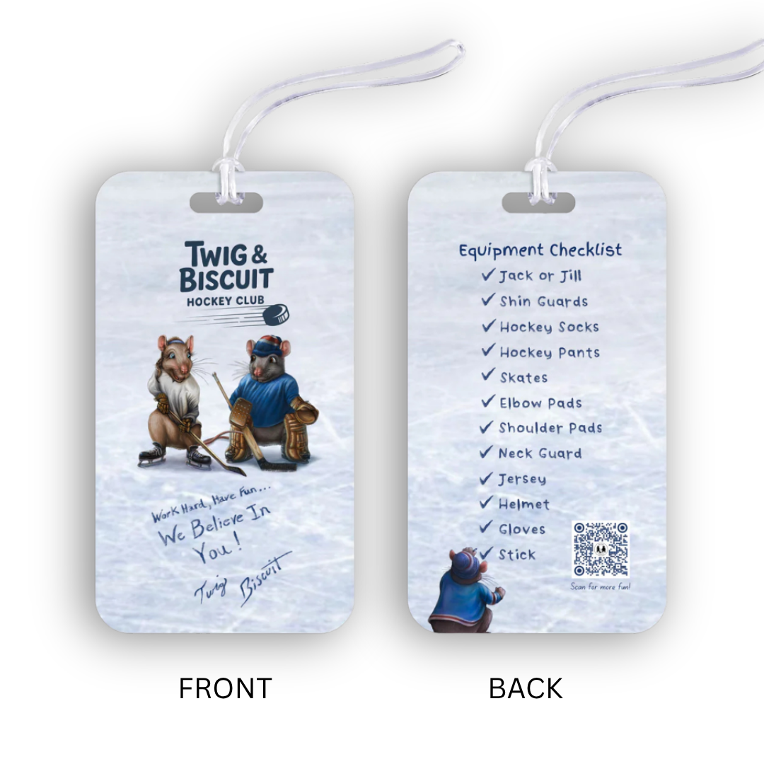Two tags from Twig & Biscuit Hockey Club with bear illustrations and equipment checklist on a white background.