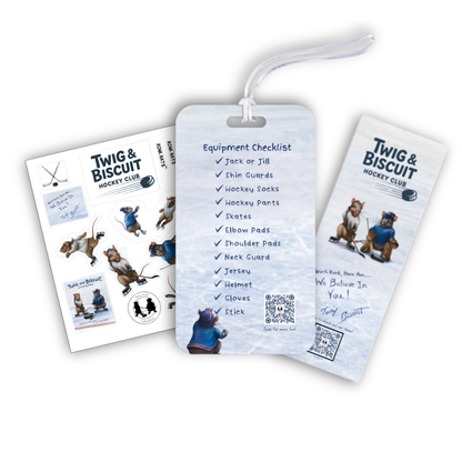 Hockey equipment bag tag, bookmark and sticker sheet