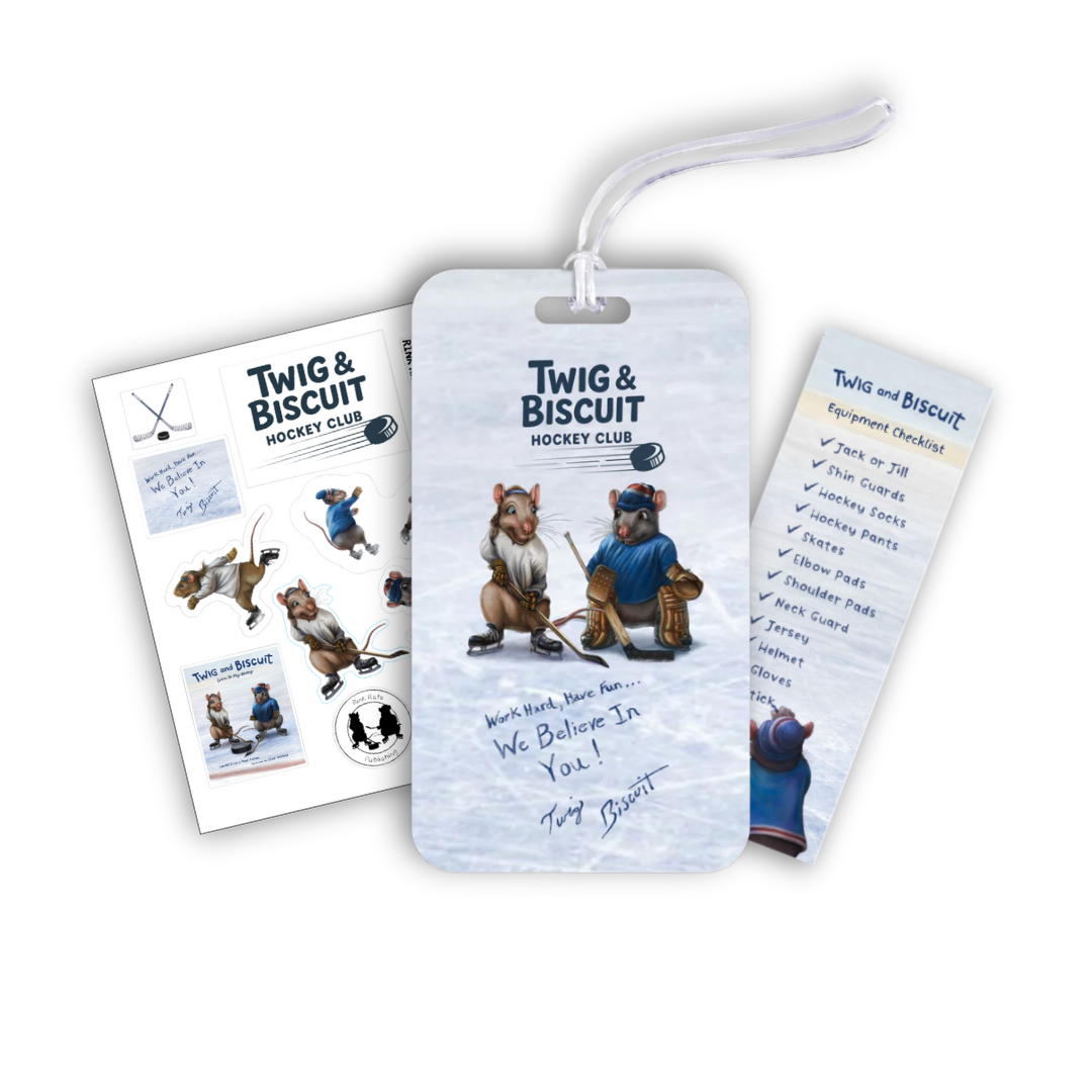 Hockey equipment bag tag, bookmark and sticker sheet