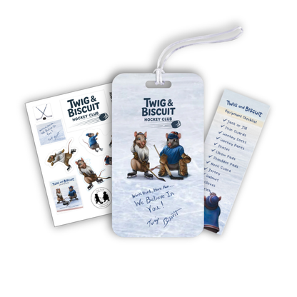 Hockey equipment bag tag, bookmark and sticker sheet