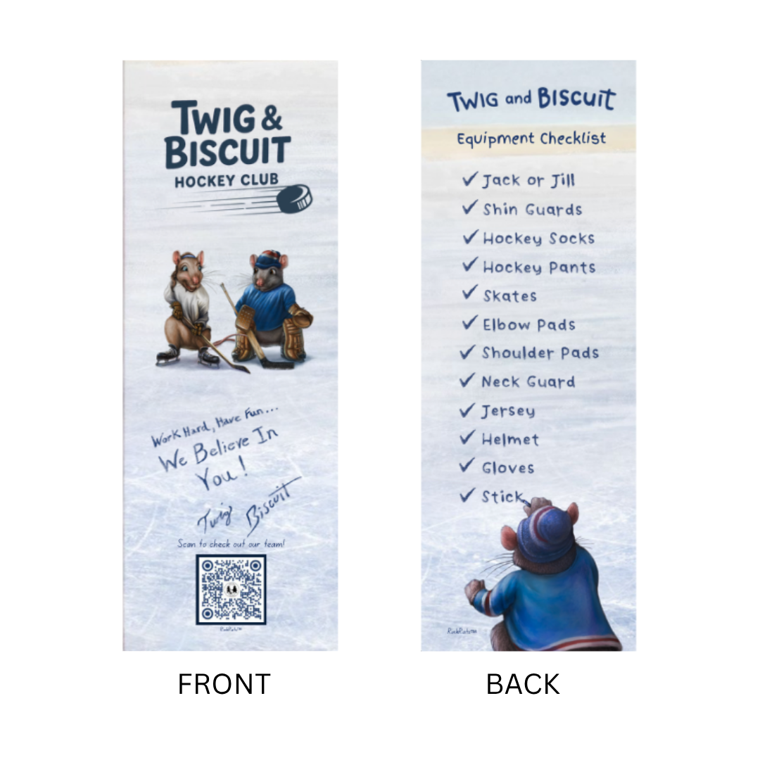 A hockey themed bookmark with an equipment checklist